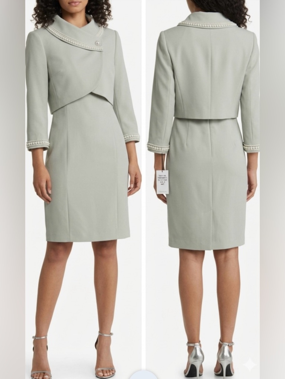 NWT Tahari Arthur SL| Silver Sage Pearl-Trimmed Dress & Jacket Suit Set | Sz 2